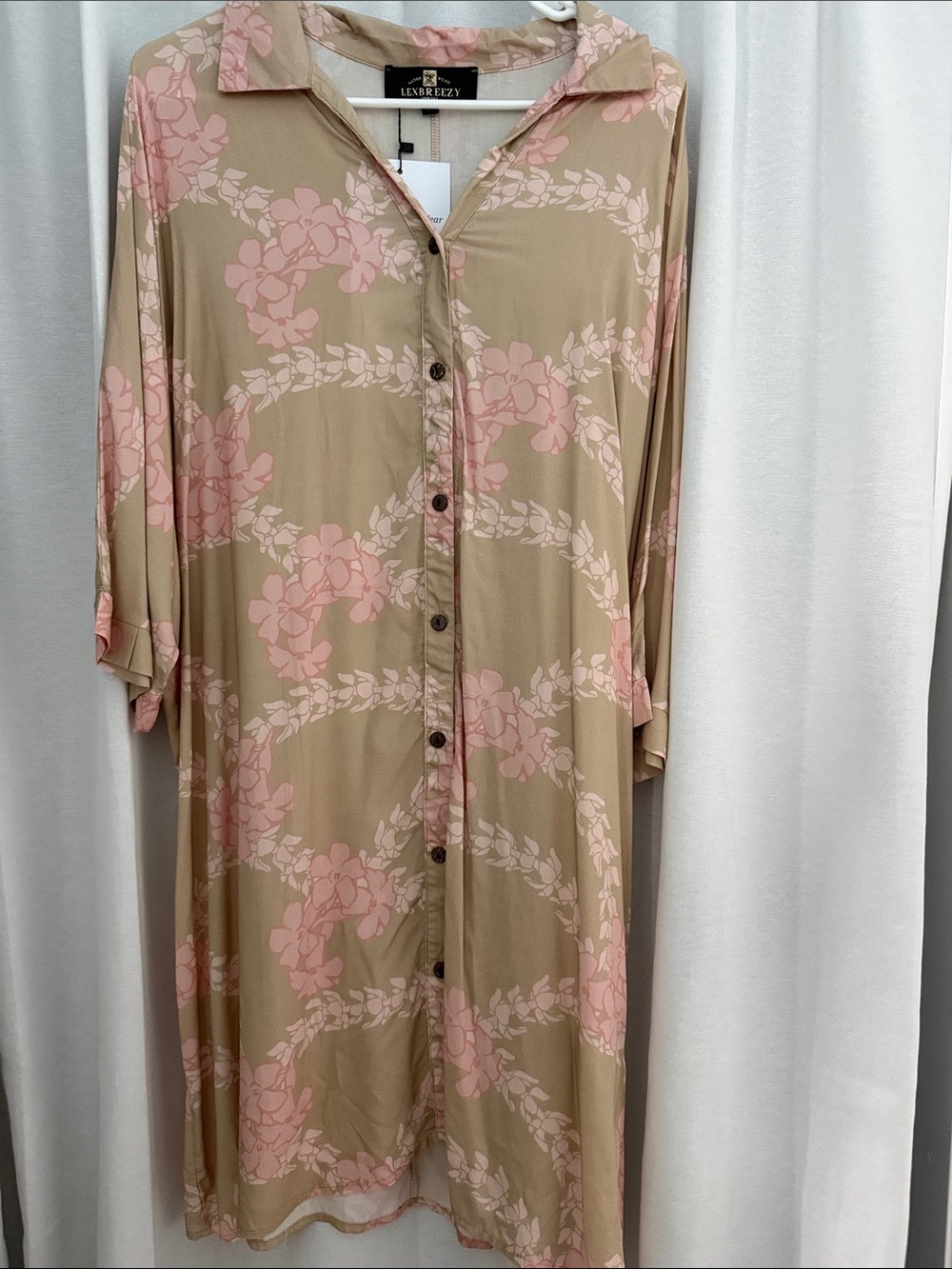 Lexbreezy Hawaii Beige & Pink Puakenikeni L Floral Button-Front Dress